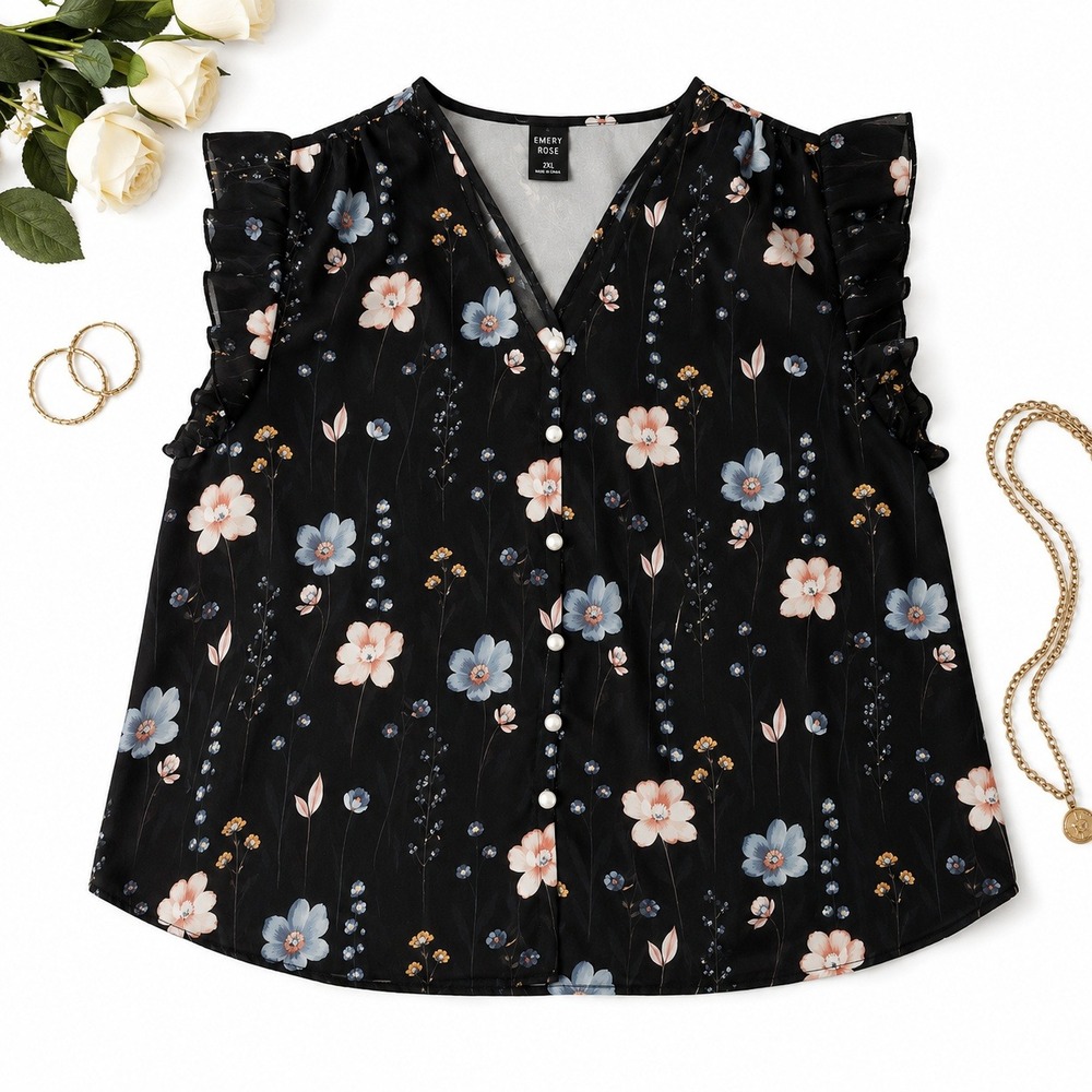 Emery Rose Floral Blouse Women 2XL Black Ruffle Cap Sleeve V-Neck Button Front - Picture 1 of 8